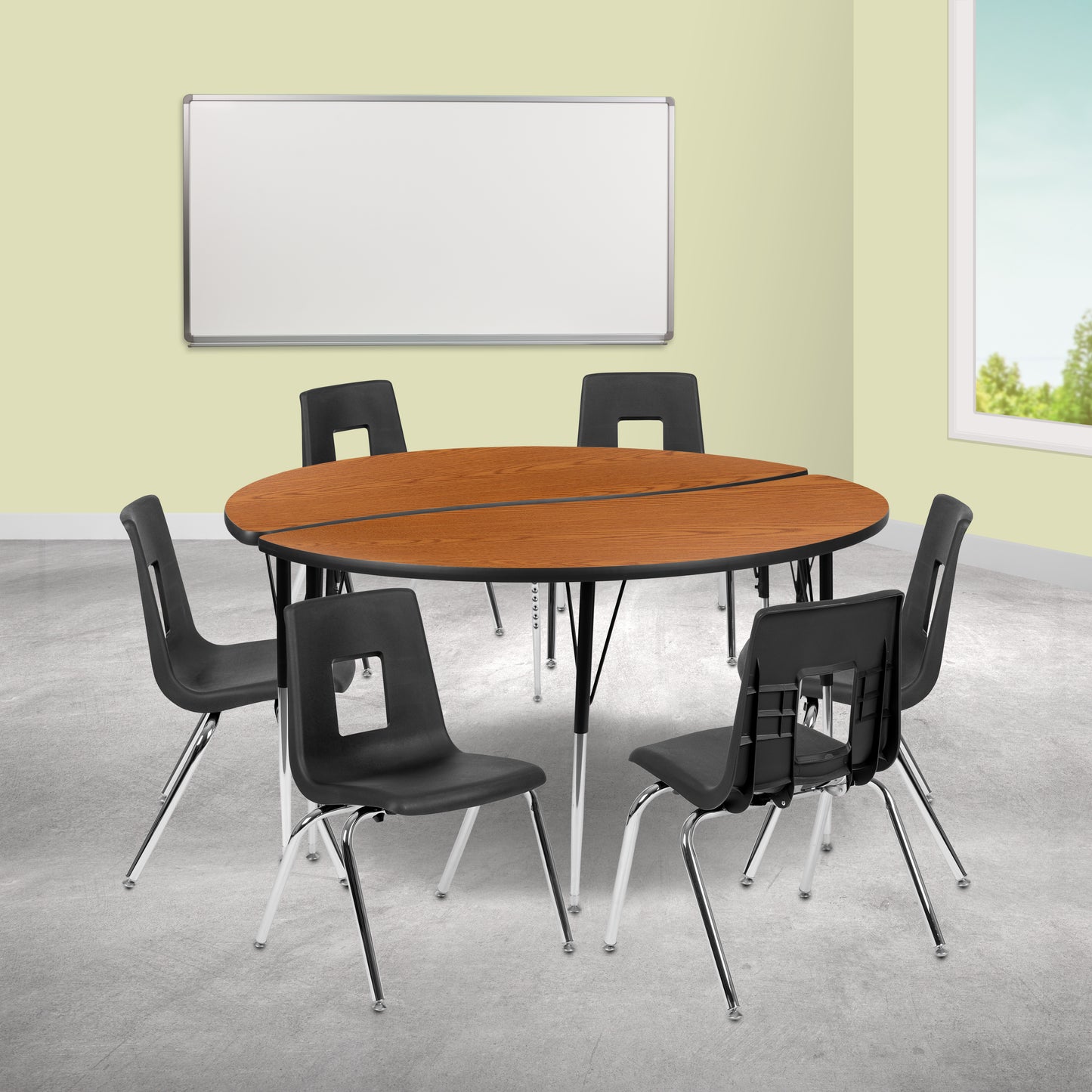 Emmy 60" Circle Wave Flexible Laminate Activity Table Set with 18" Student Stack Chairs, Oak/Black Oak