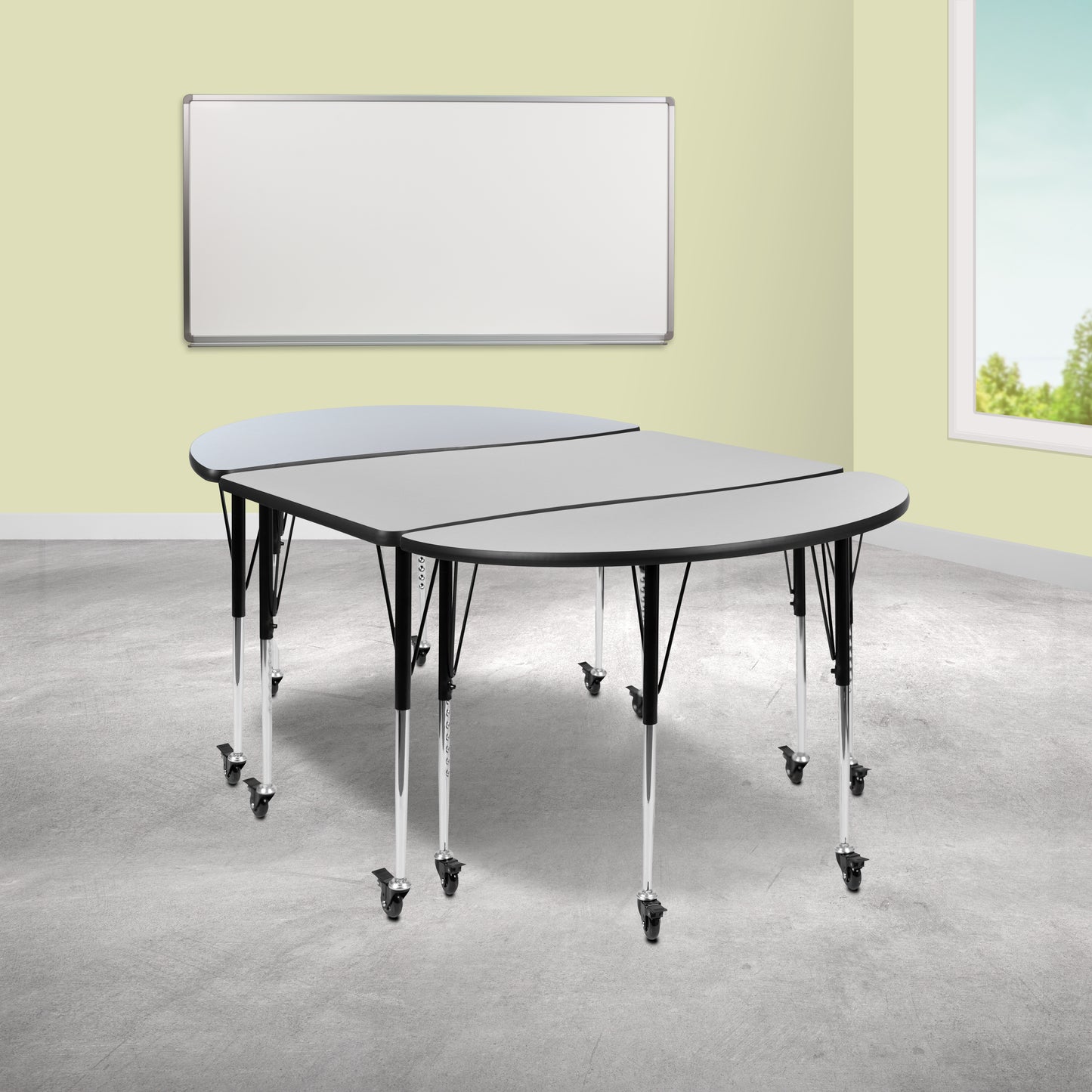 Emmy 3 Piece Mobile 76" Oval Wave Flexible Grey Thermal Laminate Activity Table Set-Standard Height Adjustable Legs Grey