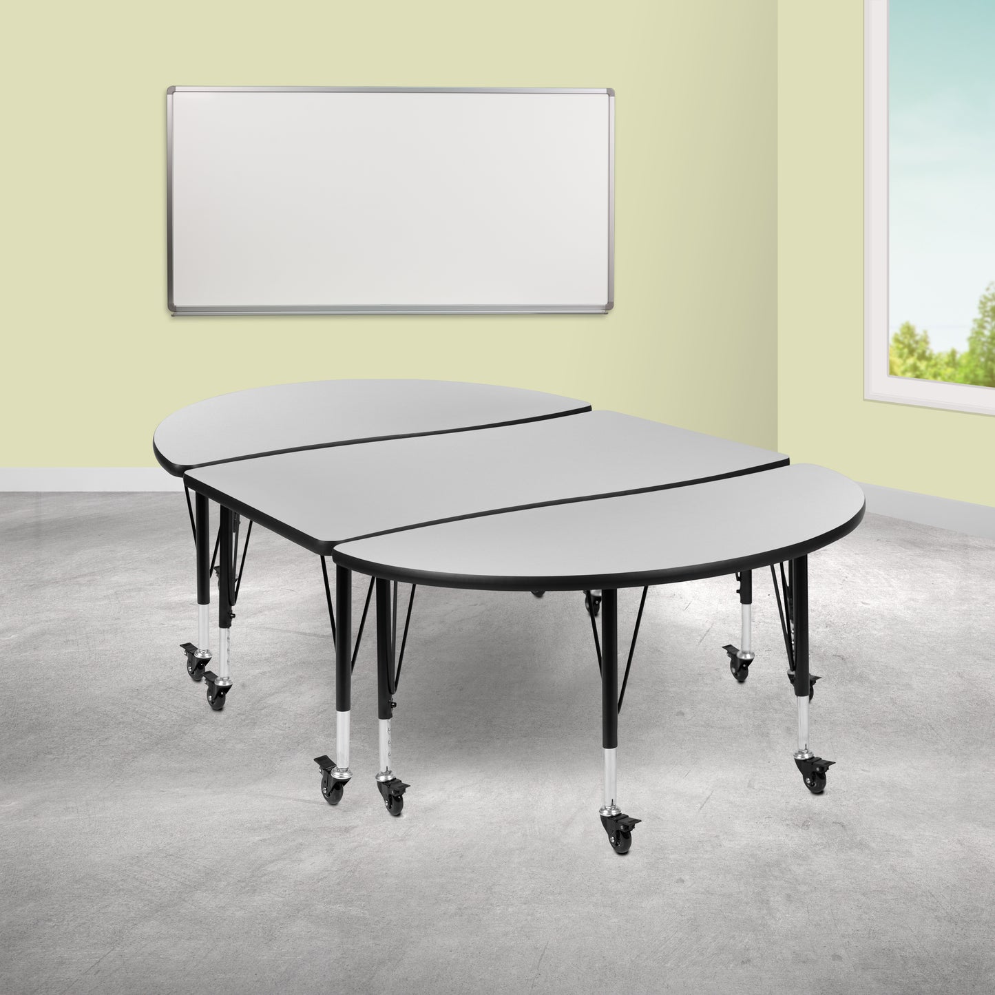 Emmy 3 Piece Mobile 76" Oval Wave Flexible Grey Thermal Laminate Activity Table Set - Height Adjustable Short Legs Grey