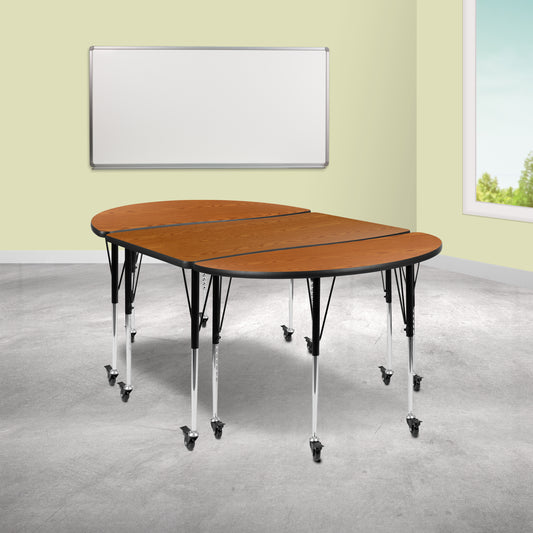 Emmy 3 Piece Mobile 76" Oval Wave Flexible Oak Thermal Laminate Activity Table Set-Standard Height Adjustable Legs Oak