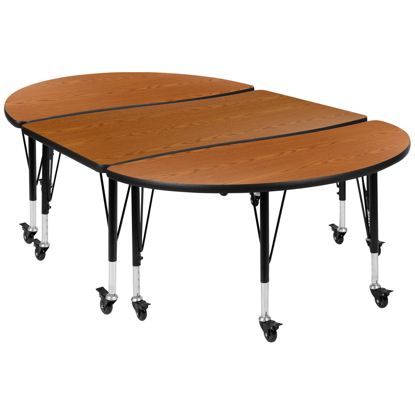 Emmy 3 Piece Mobile 76" Oval Wave Flexible Oak Thermal Laminate Activity Table Set - Height Adjustable Short Legs Oak