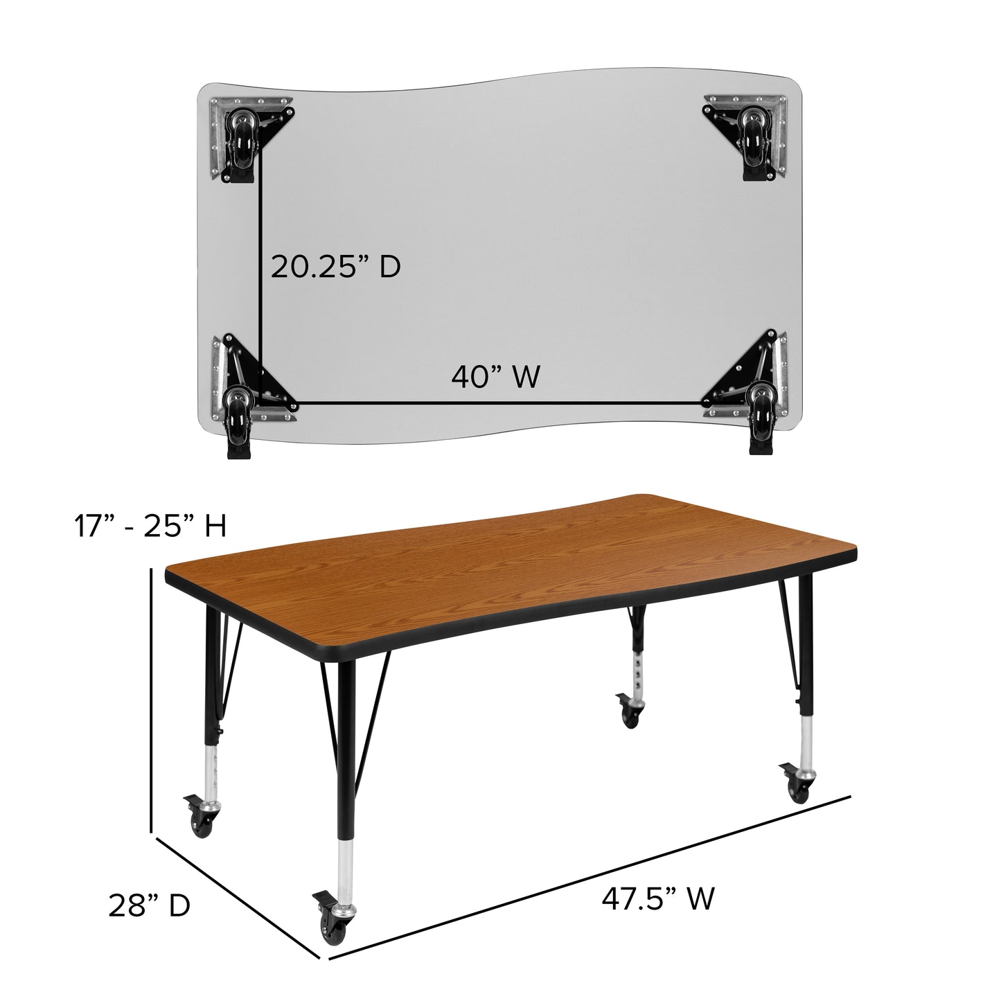 Emmy 3 Piece Mobile 76" Oval Wave Flexible Oak Thermal Laminate Activity Table Set - Height Adjustable Short Legs Oak