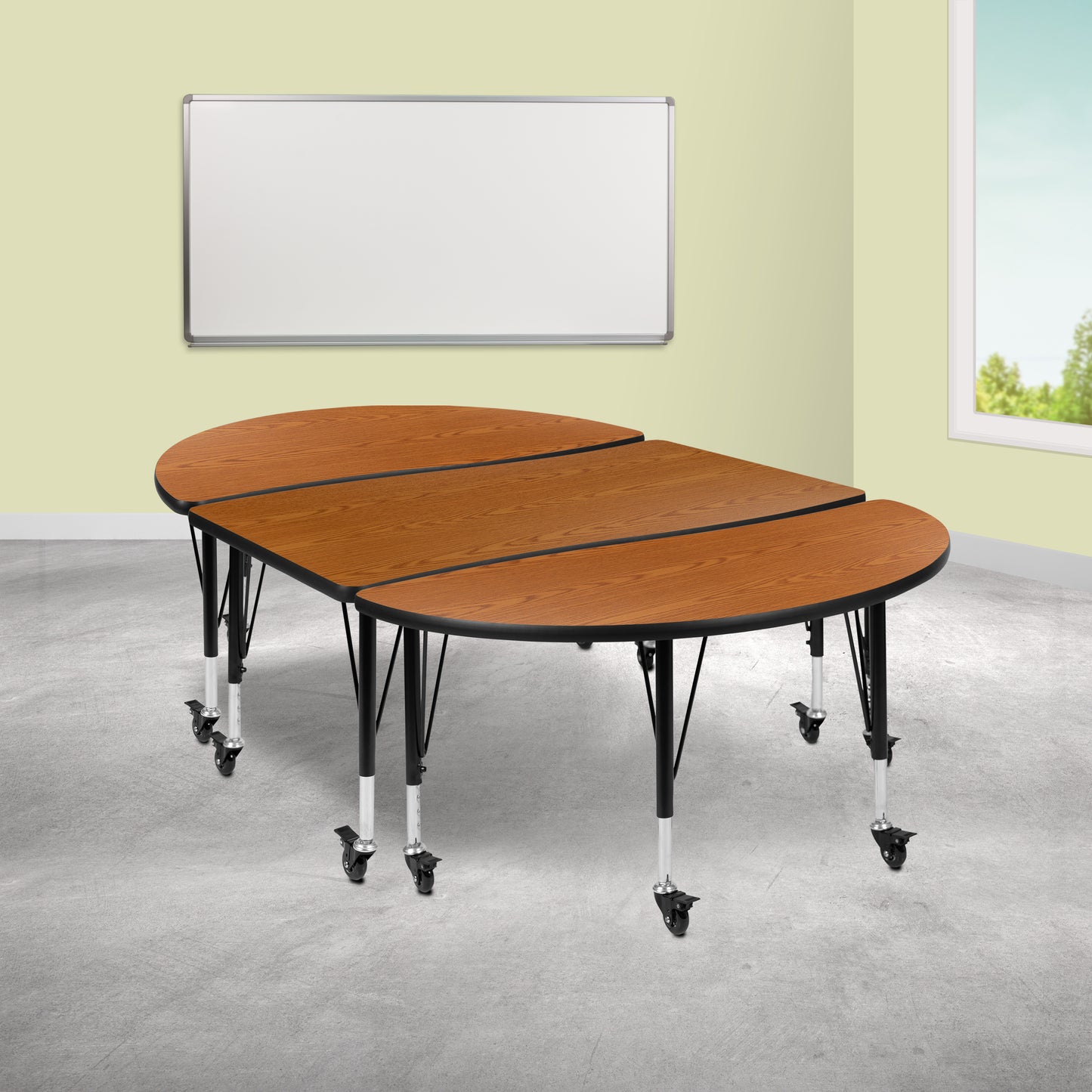 Emmy 3 Piece Mobile 76" Oval Wave Flexible Oak Thermal Laminate Activity Table Set - Height Adjustable Short Legs Oak