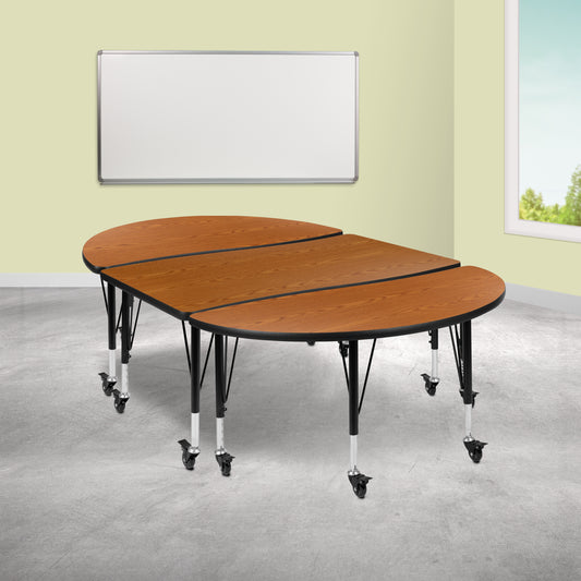Emmy 3 Piece Mobile 76" Oval Wave Flexible Oak Thermal Laminate Activity Table Set - Height Adjustable Short Legs Oak