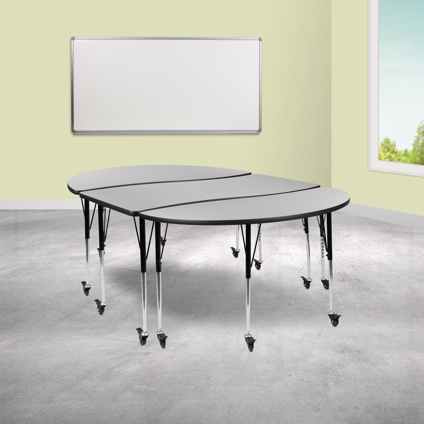 Emmy 3 Piece Mobile 86" Oval Wave Flexible Grey Thermal Laminate Activity Table Set-Standard Height Adjustable Legs Grey