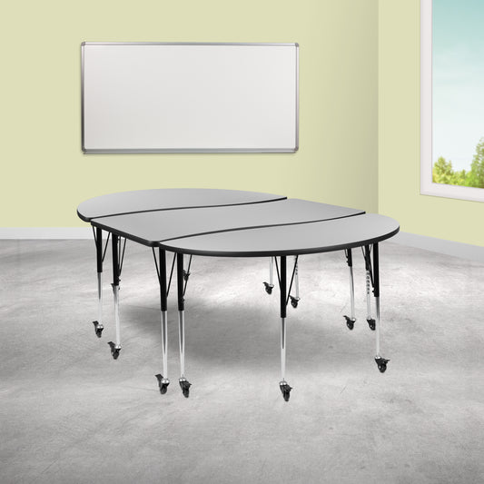 Emmy 3 Piece Mobile 86" Oval Wave Flexible Grey Thermal Laminate Activity Table Set-Standard Height Adjustable Legs Grey