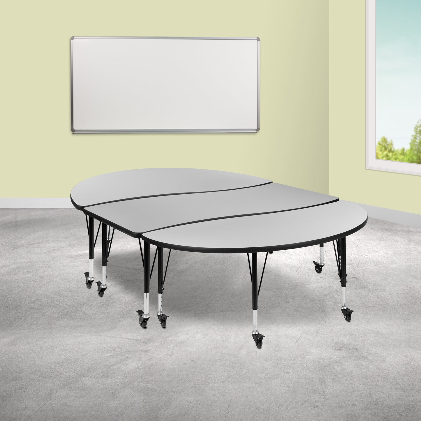 Emmy 3 Piece Mobile 86" Oval Wave Flexible Grey Thermal Laminate Activity Table Set - Height Adjustable Short Legs Grey