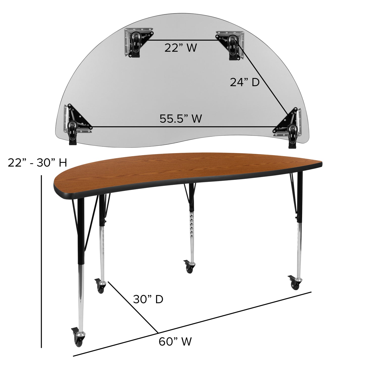 Emmy 3 Piece Mobile 86" Oval Wave Flexible Oak Thermal Laminate Activity Table Set-Standard Height Adjustable Legs Oak