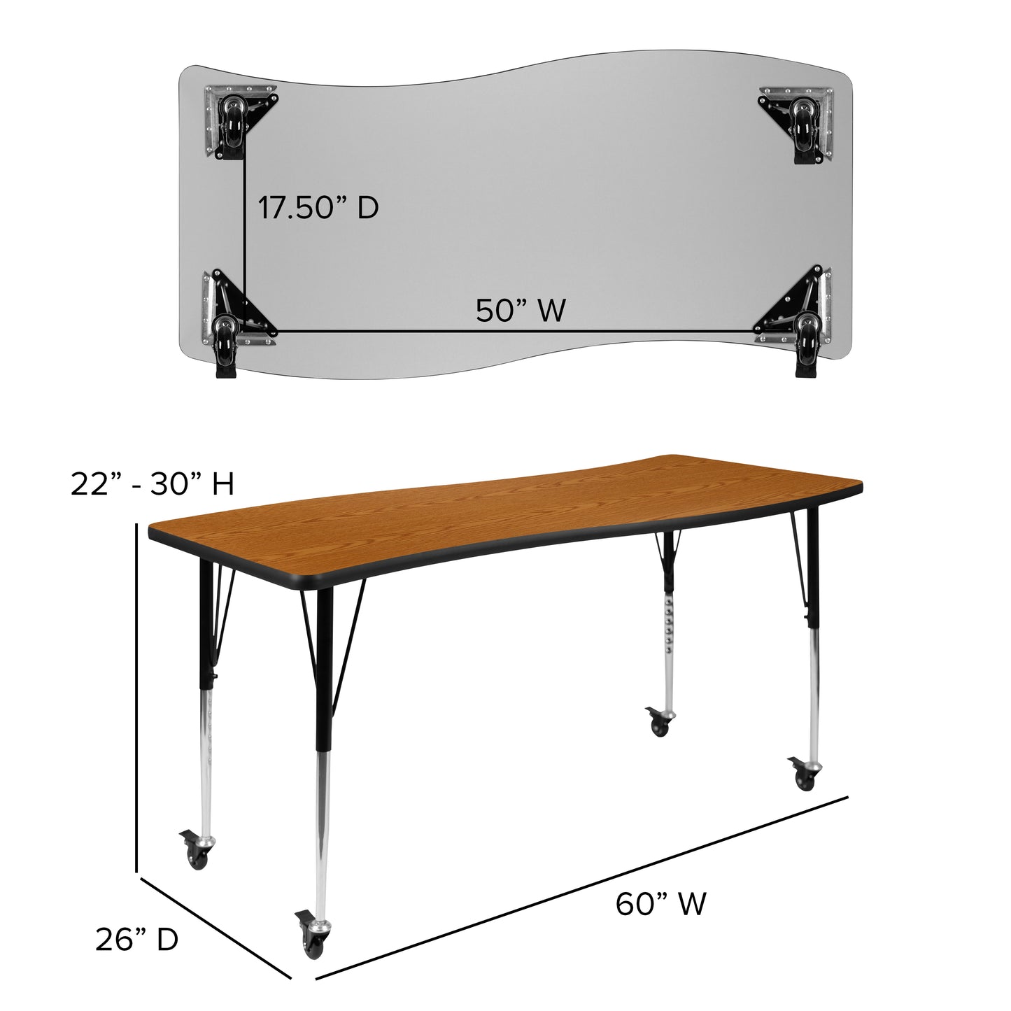 Emmy 3 Piece Mobile 86" Oval Wave Flexible Oak Thermal Laminate Activity Table Set-Standard Height Adjustable Legs Oak
