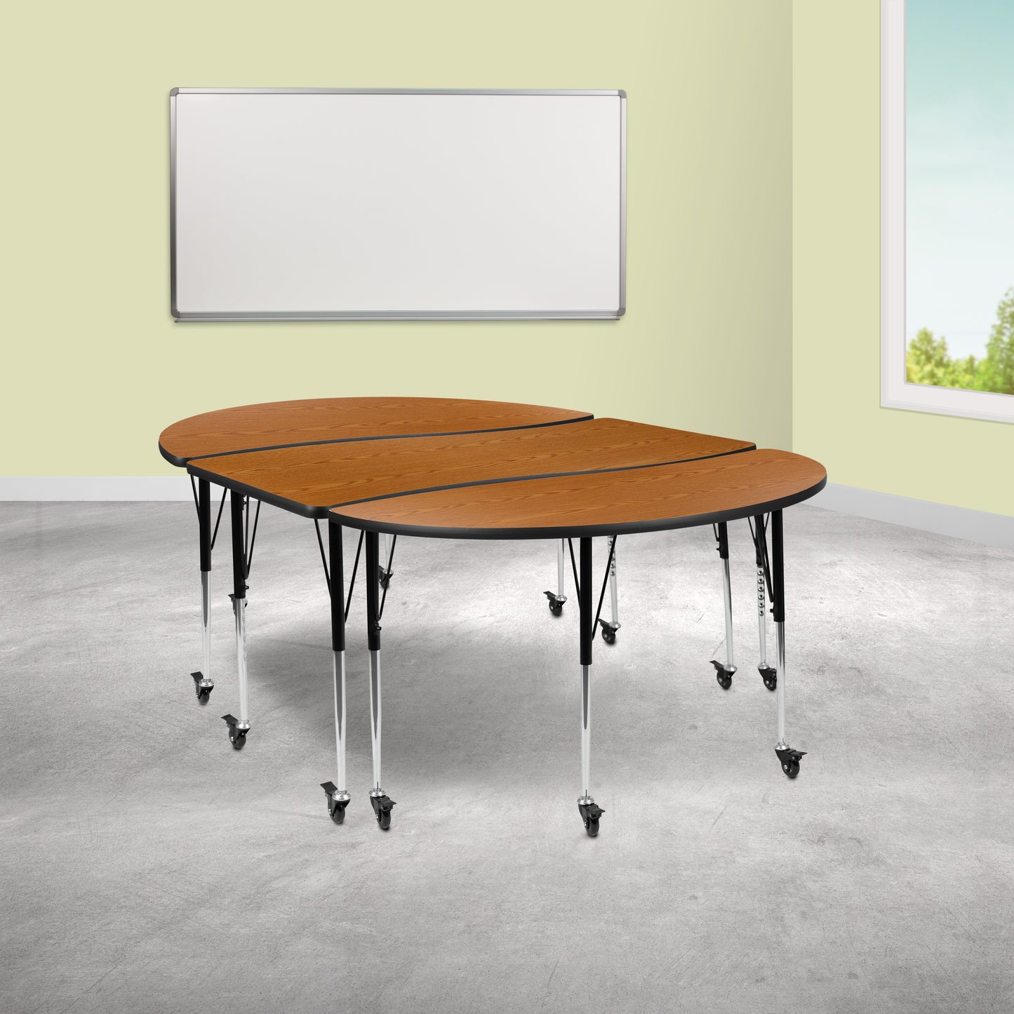 Emmy 3 Piece Mobile 86" Oval Wave Flexible Oak Thermal Laminate Activity Table Set-Standard Height Adjustable Legs Oak