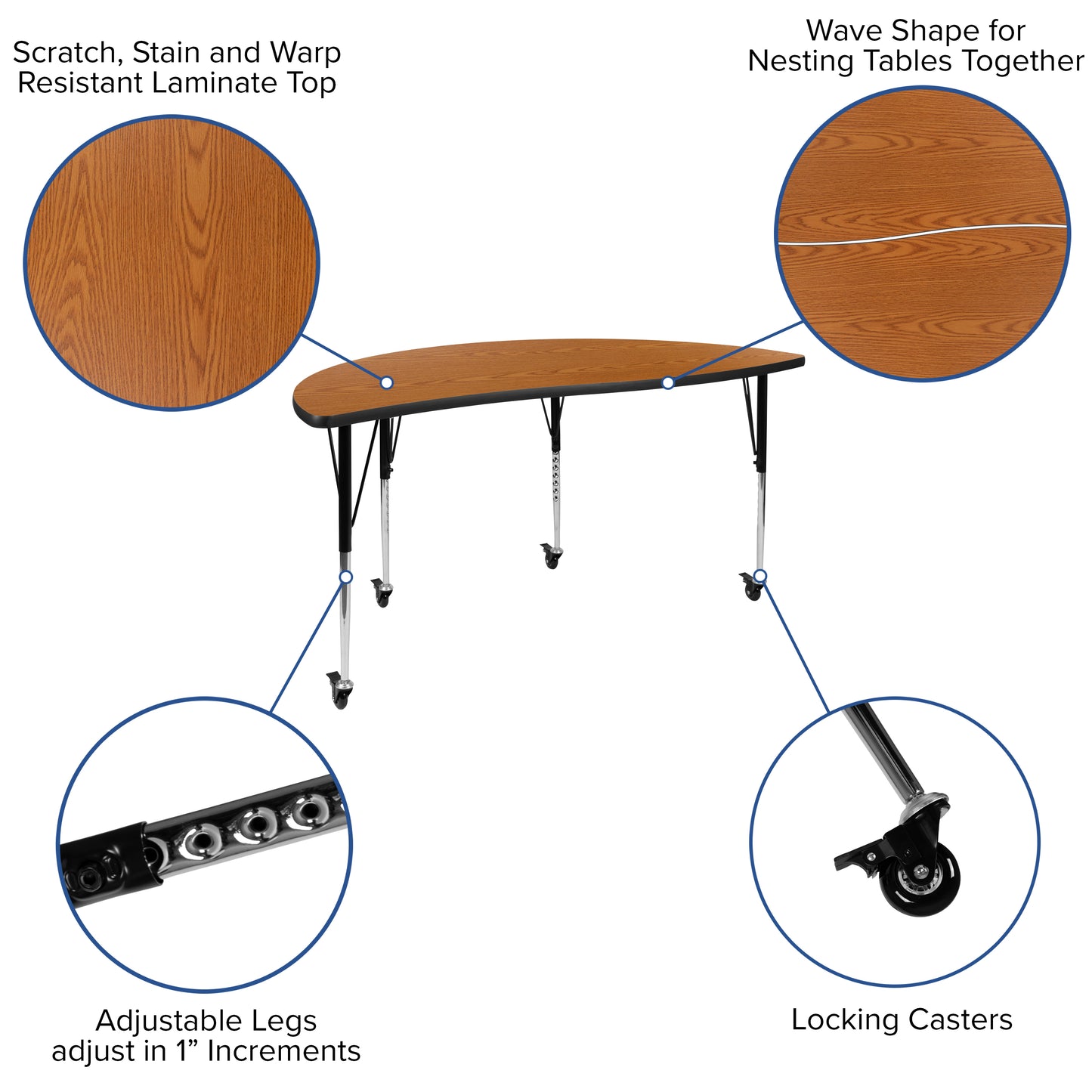 Emmy 3 Piece Mobile 86" Oval Wave Flexible Oak Thermal Laminate Activity Table Set-Standard Height Adjustable Legs Oak