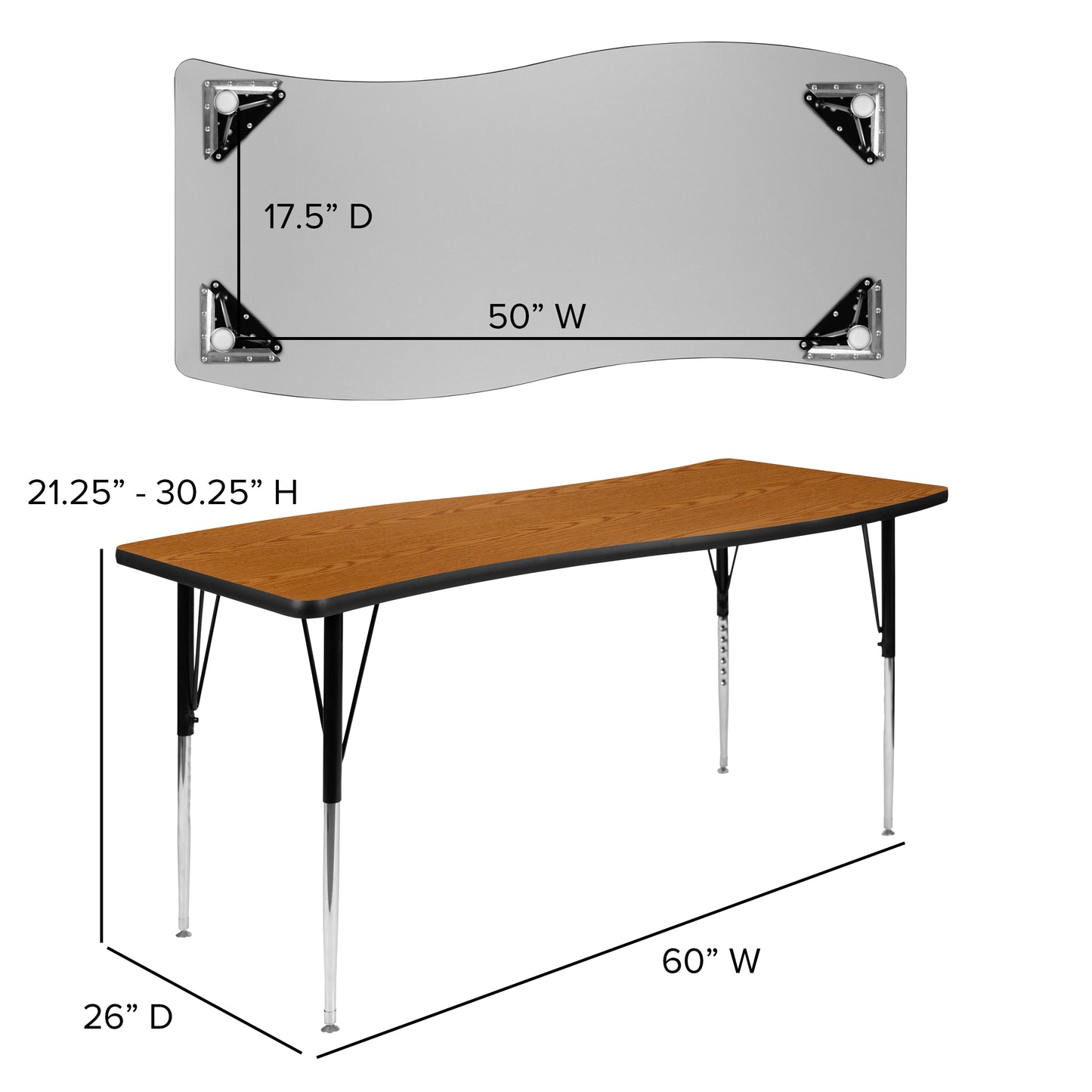 Emmy 2 Piece 86" Oval Wave Flexible Oak Thermal Laminate Activity Table Set - Standard Height Adjustable Legs Oak XU-GRP-A3060CON-60-OAK-T-A-GG