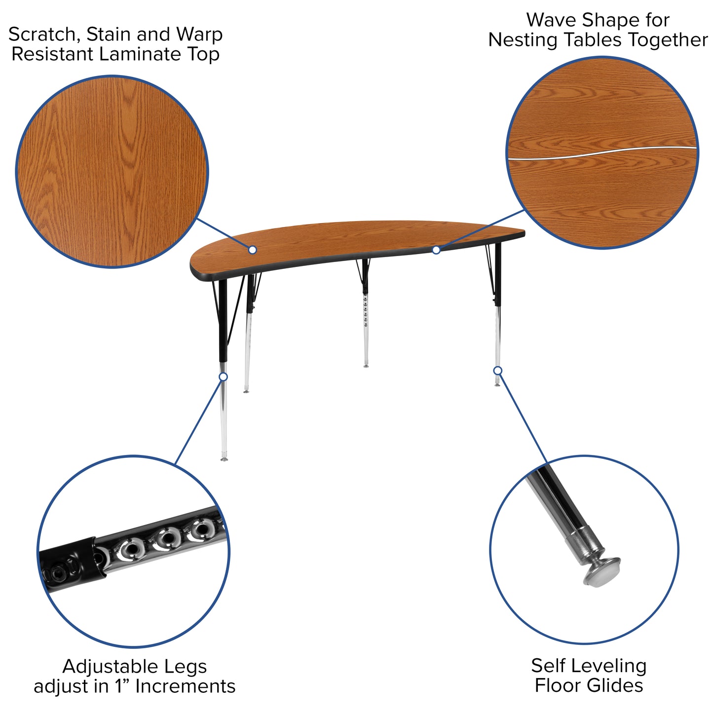 Emmy 2 Piece 86" Oval Wave Flexible Oak Thermal Laminate Activity Table Set - Standard Height Adjustable Legs Oak XU-GRP-A3060CON-60-OAK-T-A-GG