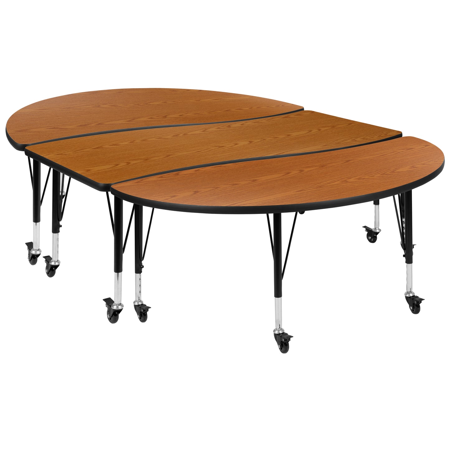 Emmy 3 Piece Mobile 86" Oval Wave Flexible Oak Thermal Laminate Activity Table Set - Height Adjustable Short Legs Oak