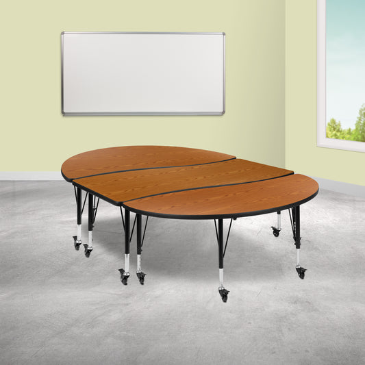 Emmy 3 Piece Mobile 86" Oval Wave Flexible Oak Thermal Laminate Activity Table Set - Height Adjustable Short Legs Oak