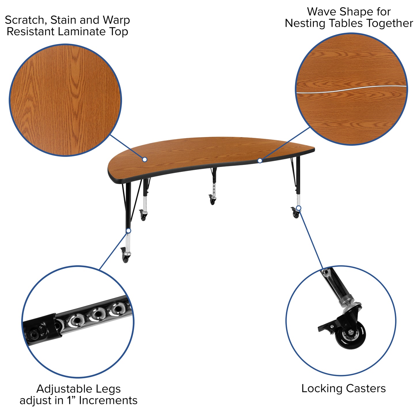 Emmy 3 Piece Mobile 86" Oval Wave Flexible Oak Thermal Laminate Activity Table Set - Height Adjustable Short Legs Oak