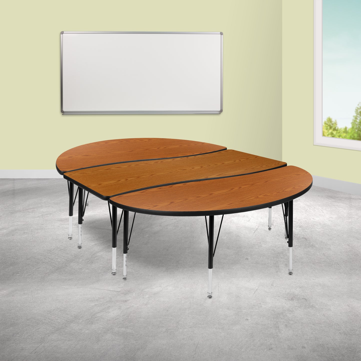 Emmy 2 Piece 86" Oval Wave Flexible Oak Thermal Laminate Activity Table Set - Height Adjustable Short Legs Oak