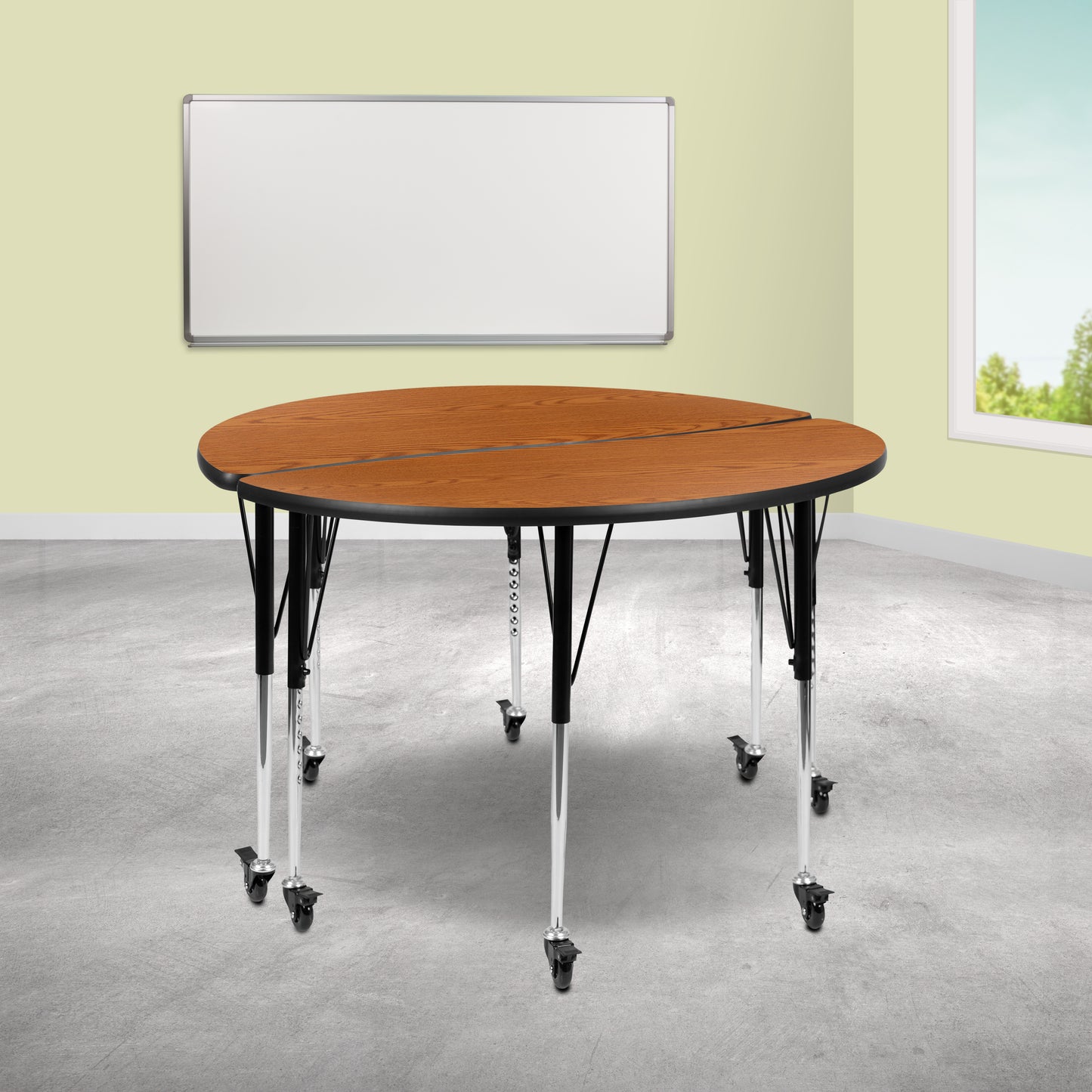 Emmy 2 Piece Mobile 47.5" Circle Wave Flexible Oak Thermal Laminate Adjustable Activity Table Set Oak XU-GRP-A48-HCIRC-OAK-T-A-CAS-GG
