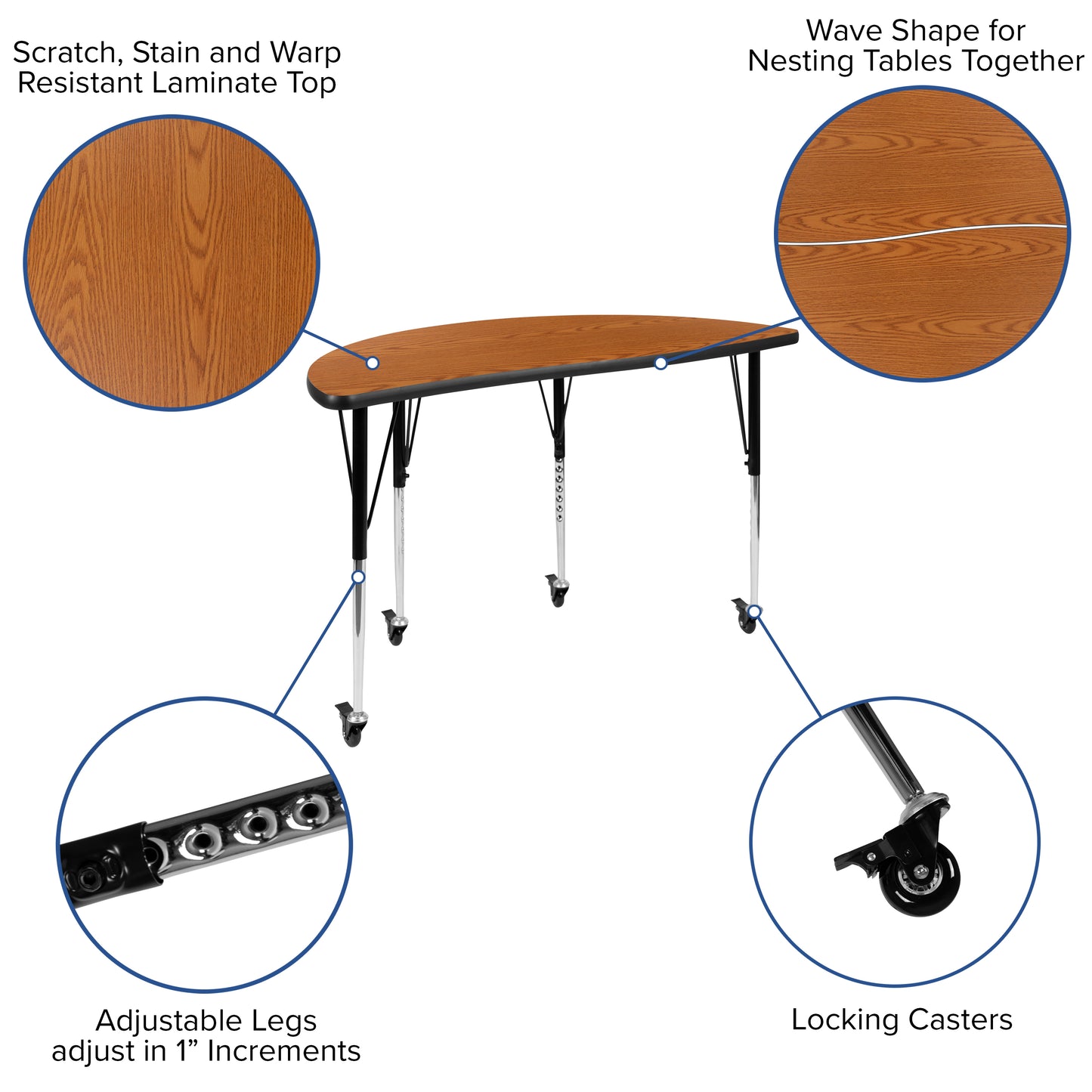 Emmy 2 Piece Mobile 47.5" Circle Wave Flexible Oak Thermal Laminate Adjustable Activity Table Set Oak XU-GRP-A48-HCIRC-OAK-T-A-CAS-GG