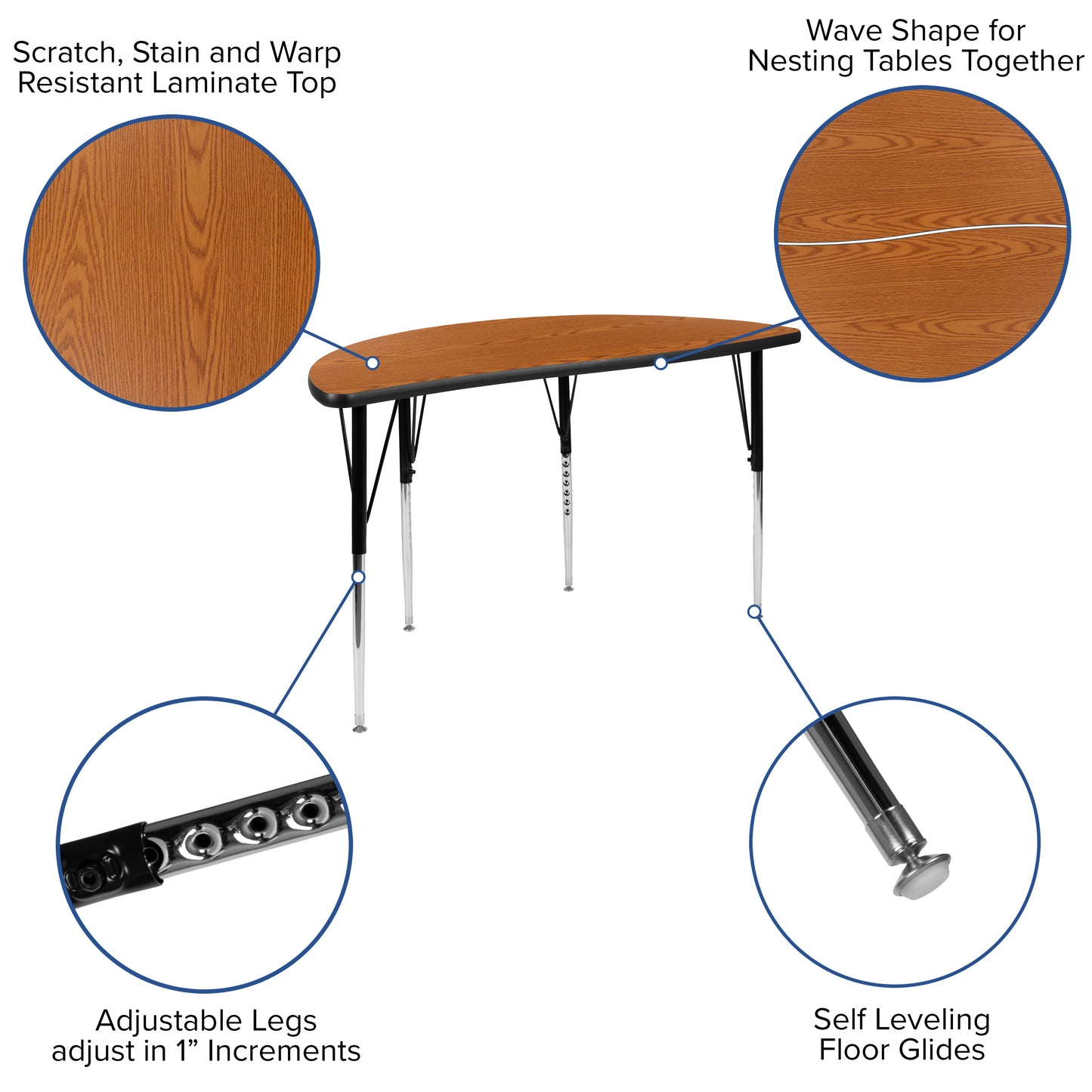 Emmy 2 Piece 47.5" Circle Wave Flexible Oak Thermal Laminate Activity Table Set - Standard Height Adjustable Legs Oak XU-GRP-A48-HCIRC-OAK-T-A-GG