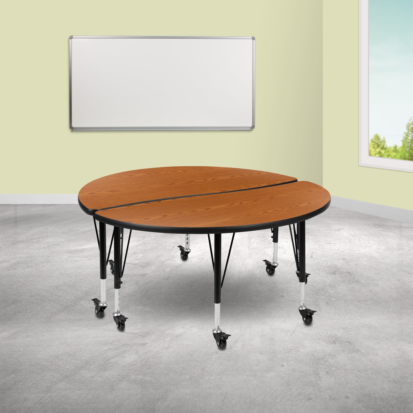 Emmy 2 Piece Mobile 47.5" Circle Wave Flexible Oak Thermal Laminate Kids Adjustable Activity Table Set Oak