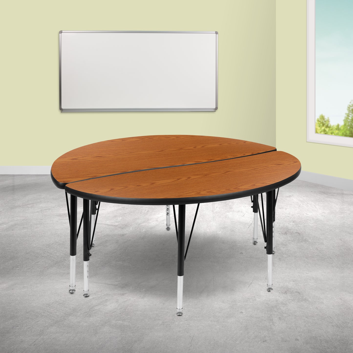 Emmy 2 Piece 47.5" Circle Wave Flexible Oak Thermal Laminate Activity Table Set - Height Adjustable Short Legs Oak XU-GRP-A48-HCIRC-OAK-T-P-GG