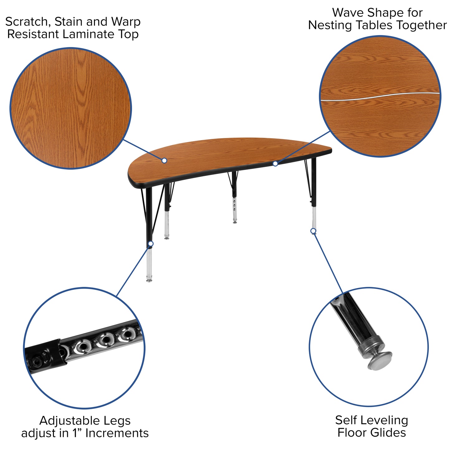 Emmy 2 Piece 47.5" Circle Wave Flexible Oak Thermal Laminate Activity Table Set - Height Adjustable Short Legs Oak XU-GRP-A48-HCIRC-OAK-T-P-GG