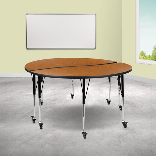 Emmy 2 Piece Mobile Emmy 60" Circle Wave Flexible Oak Thermal Laminate Adjustable Activity Table Set Oak