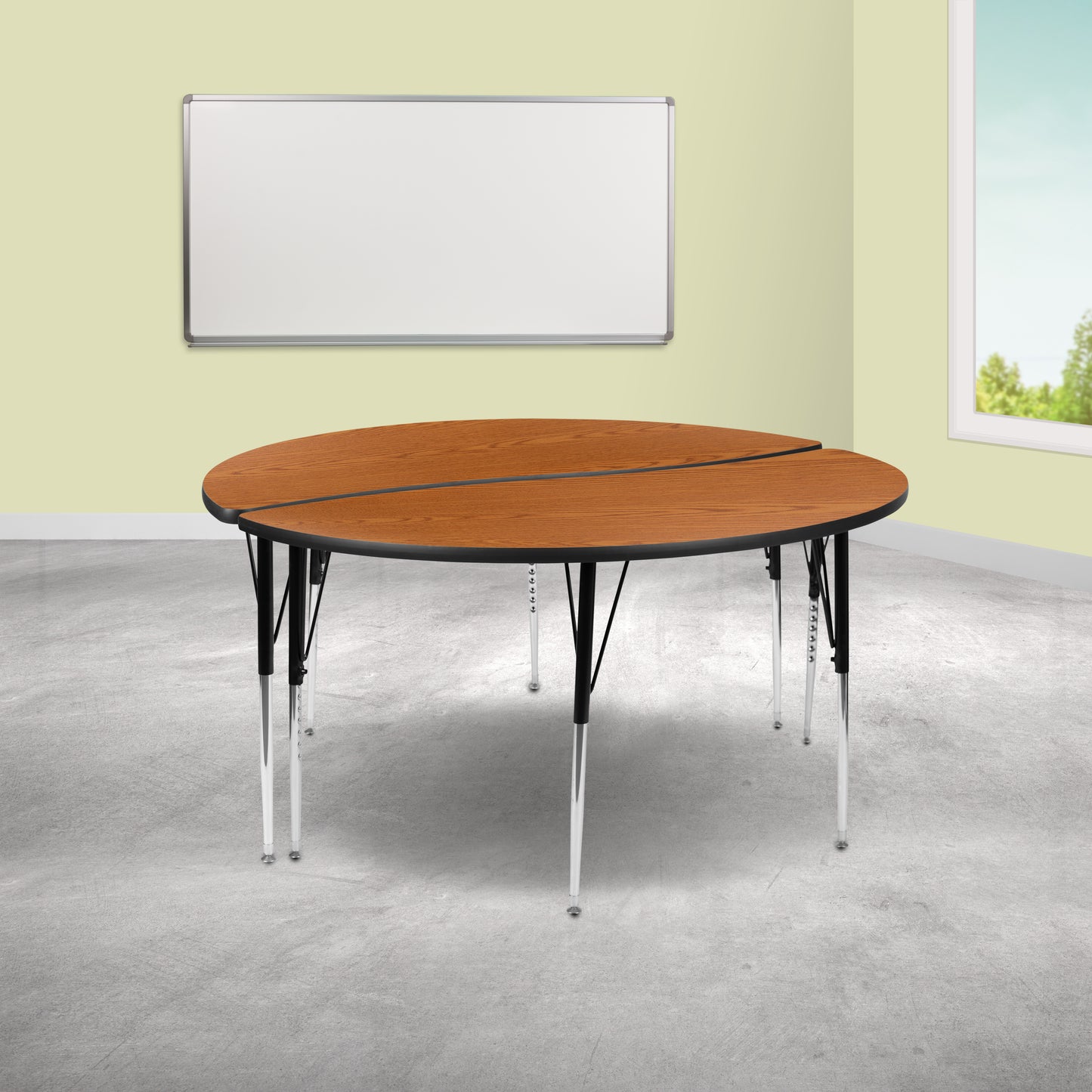 Emmy 2 Piece Emmy 60" Circle Wave Flexible Oak Thermal Laminate Activity Table Set - Standard Height Adjustable Legs Oak