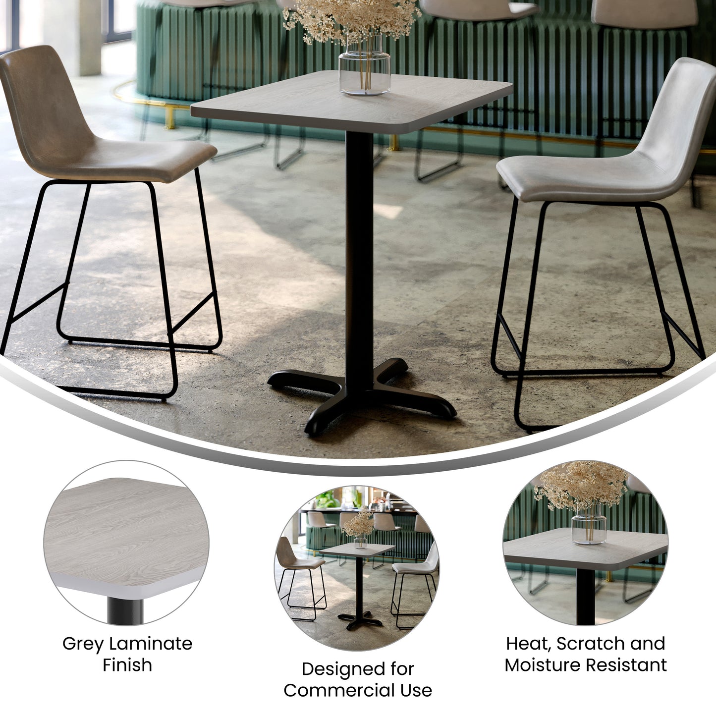 Graniss 24'' x 30'' Gray Rectangular Laminate Table Top with Black 22 x 22 "X" Style Table Height Base Gray