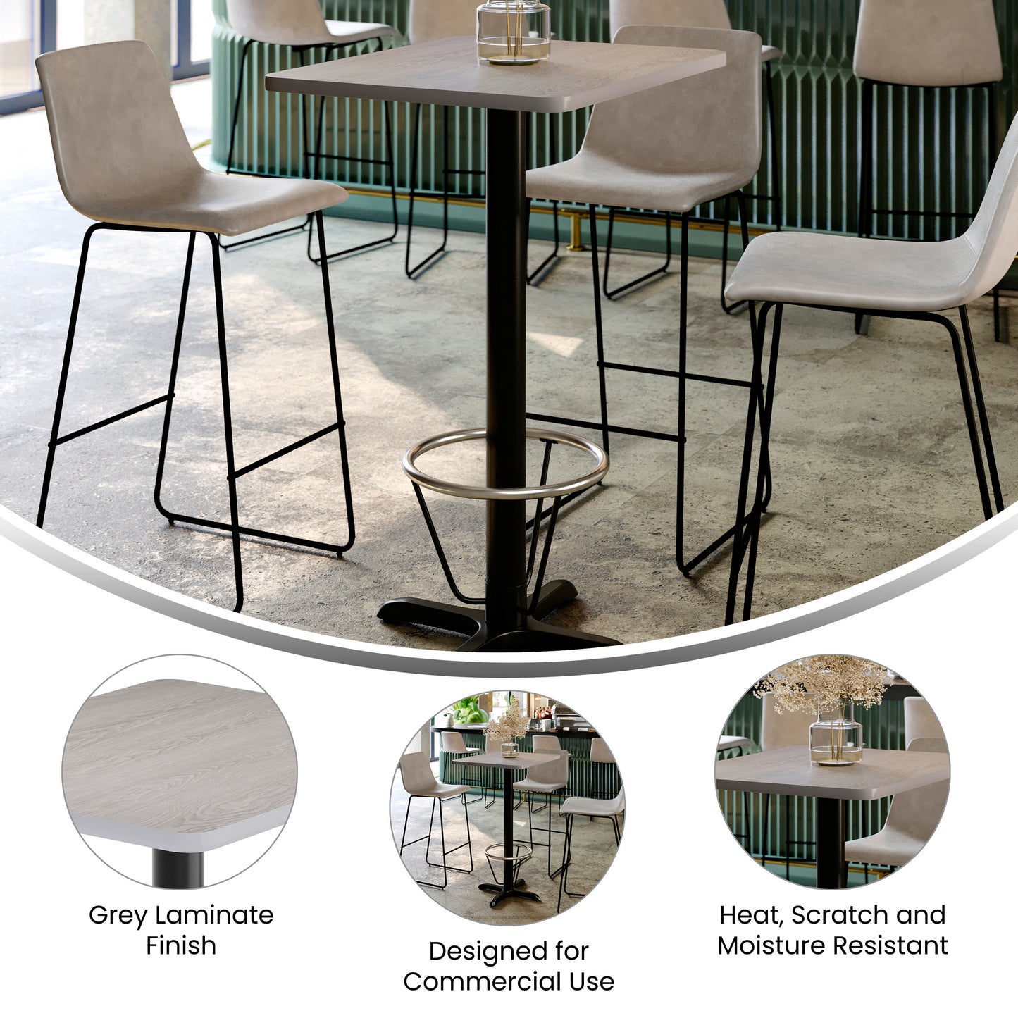 Stiles 24'' x 30'' Gray Rectangular Laminate Table Top with Black 22 x 22 "X" Style Bar Height Base with Footring Gray
