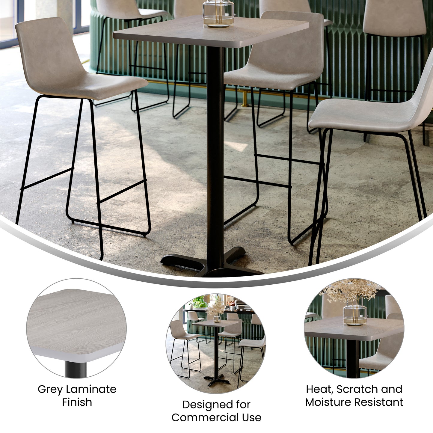 Stiles 24'' x 30'' Gray Rectangular Laminate Table Top with Black 22 x 22 "X" Style Bar Height Base Gray