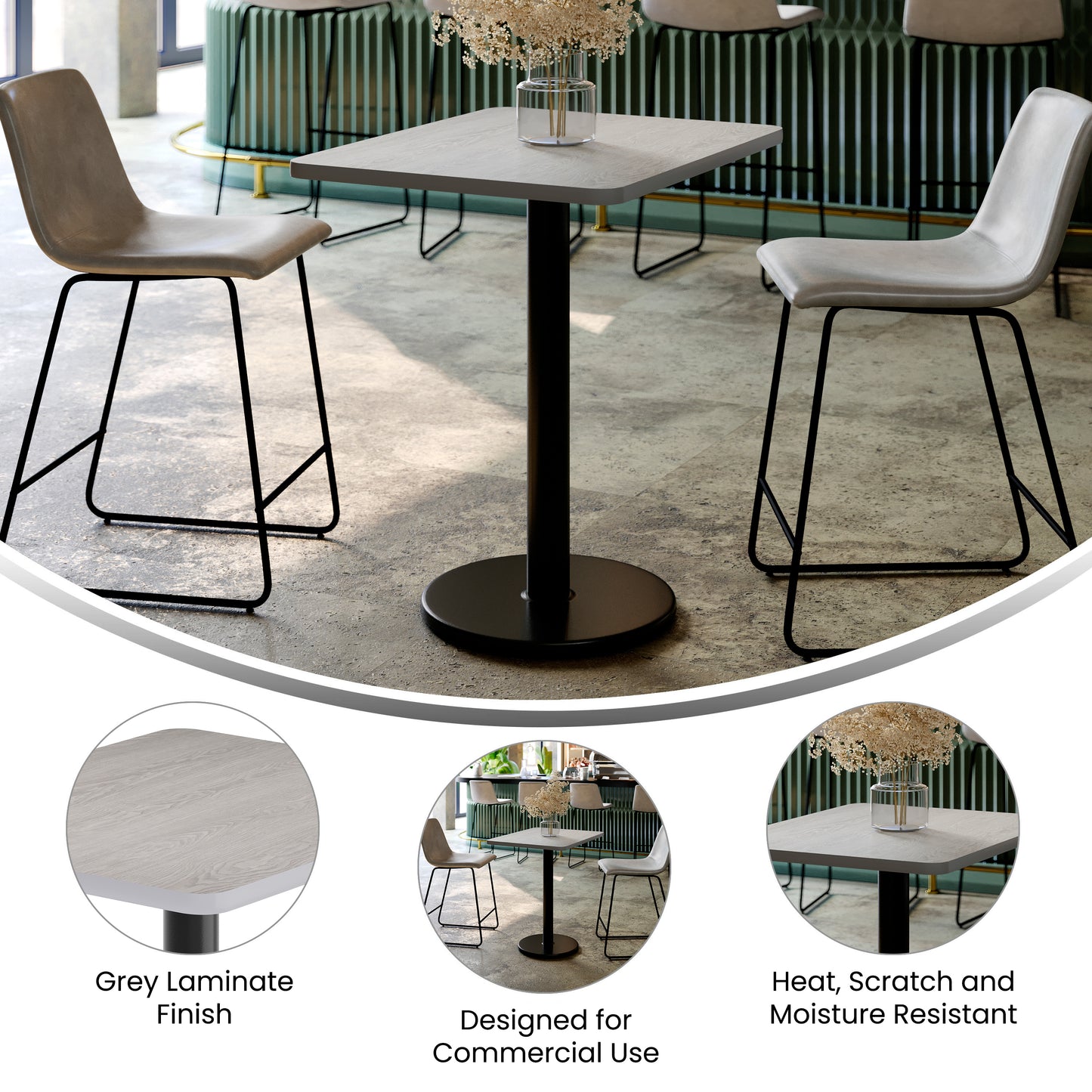 Graniss 24'' x 30'' Gray Rectangular Laminate Table Top with Black 18" Round Table Height Base Gray