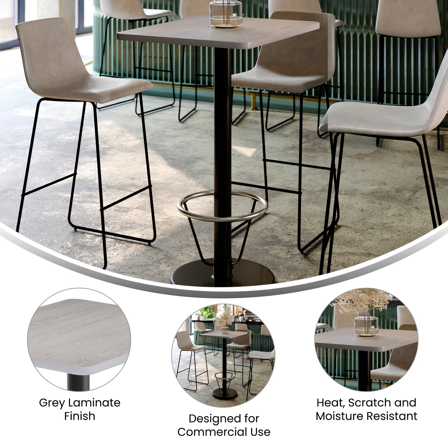 Stiles 24'' x 30'' Gray Rectangular Laminate Table Top with Black 18" Round Bar Height Table Base with Footring Gray