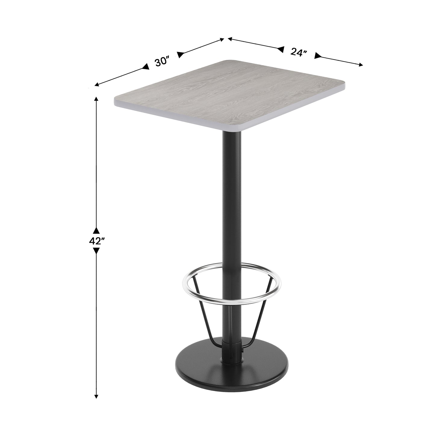 Stiles 24'' x 30'' Gray Rectangular Laminate Table Top with Black 18" Round Bar Height Table Base with Footring Gray