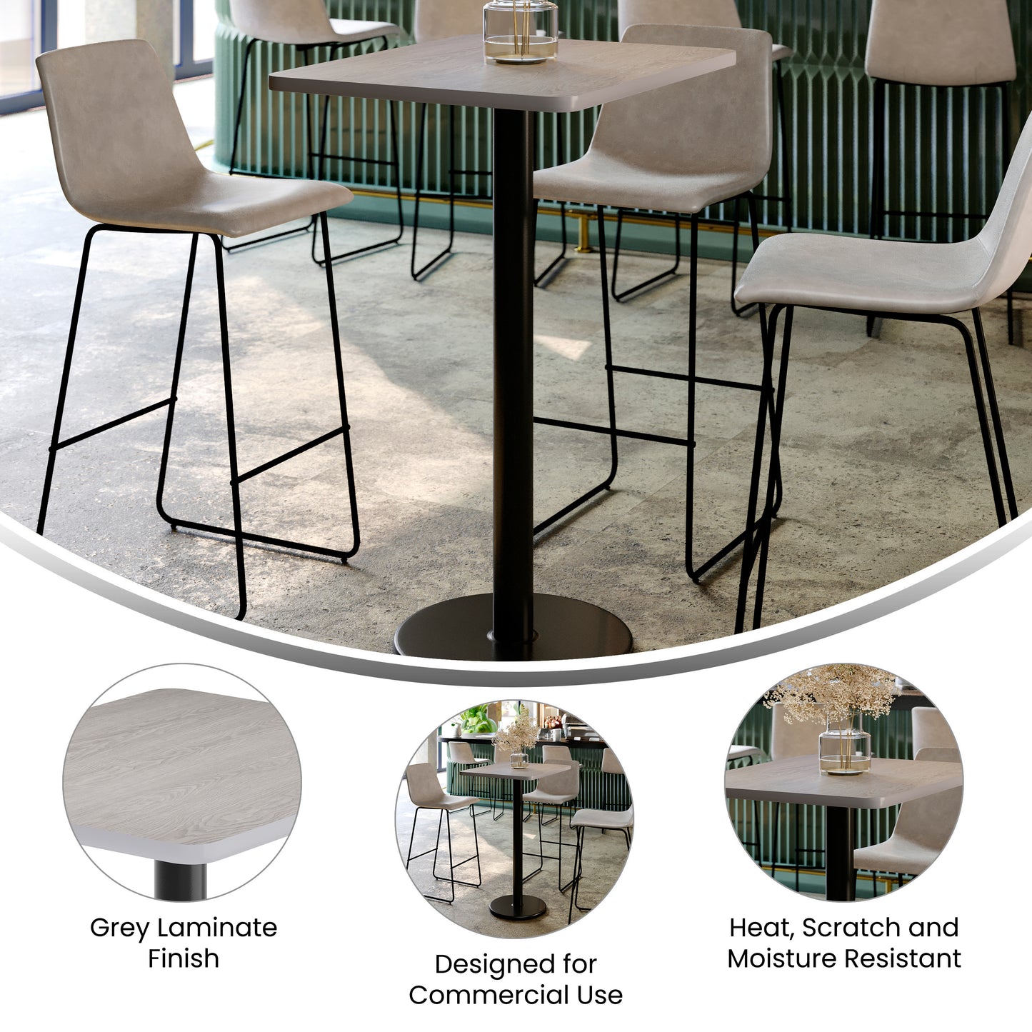 Stiles 24'' x 30'' Gray Rectangular Laminate Table Top with Black 18" Round Bar Height Table Base Gray