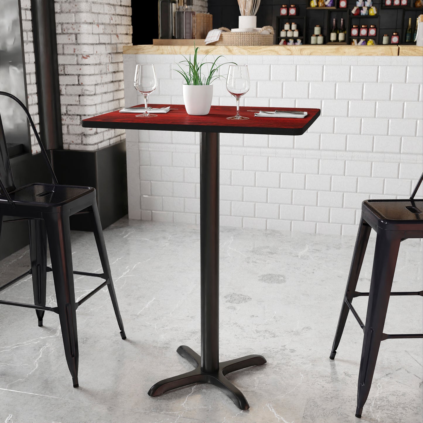 Stiles 24'' x 30'' Rectangular Mahogany Laminate Table Top with 22'' x 22'' Bar Height Table Base Mahogany