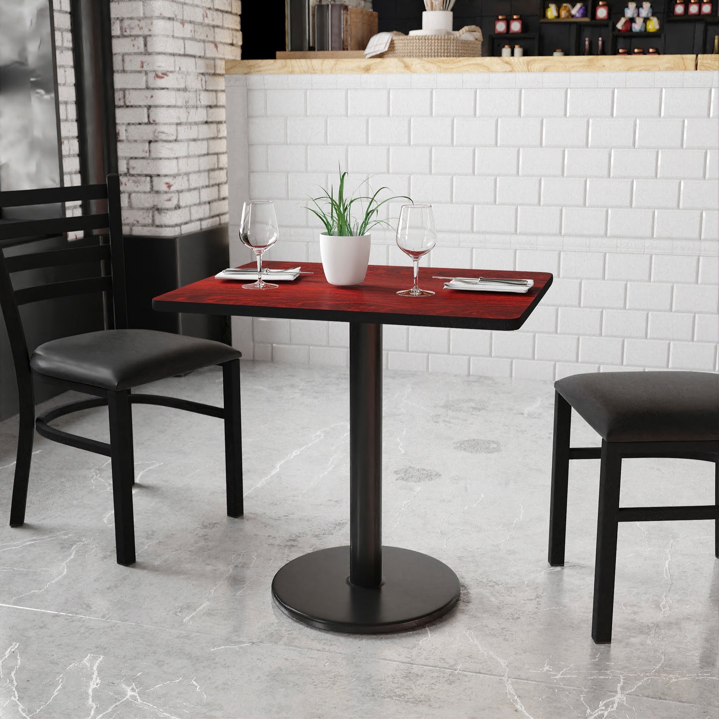 Graniss 24'' x 30'' Rectangular Mahogany Laminate Table Top with 18'' Round Table Height Base Mahogany