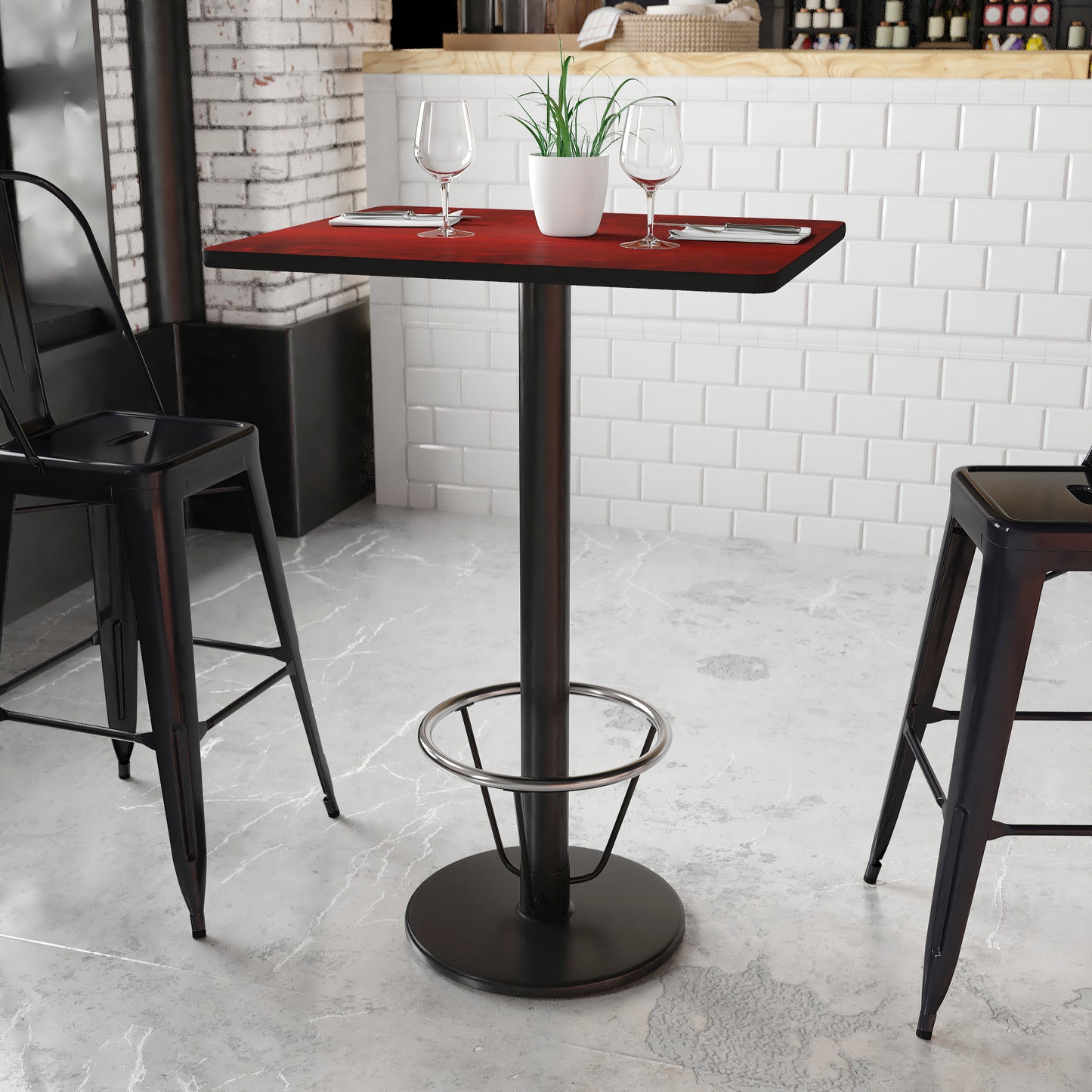 Stiles 24'' x 30'' Rectangular Mahogany Laminate Table Top with 18'' Round Bar Height Table Base and Foot Ring Mahogany