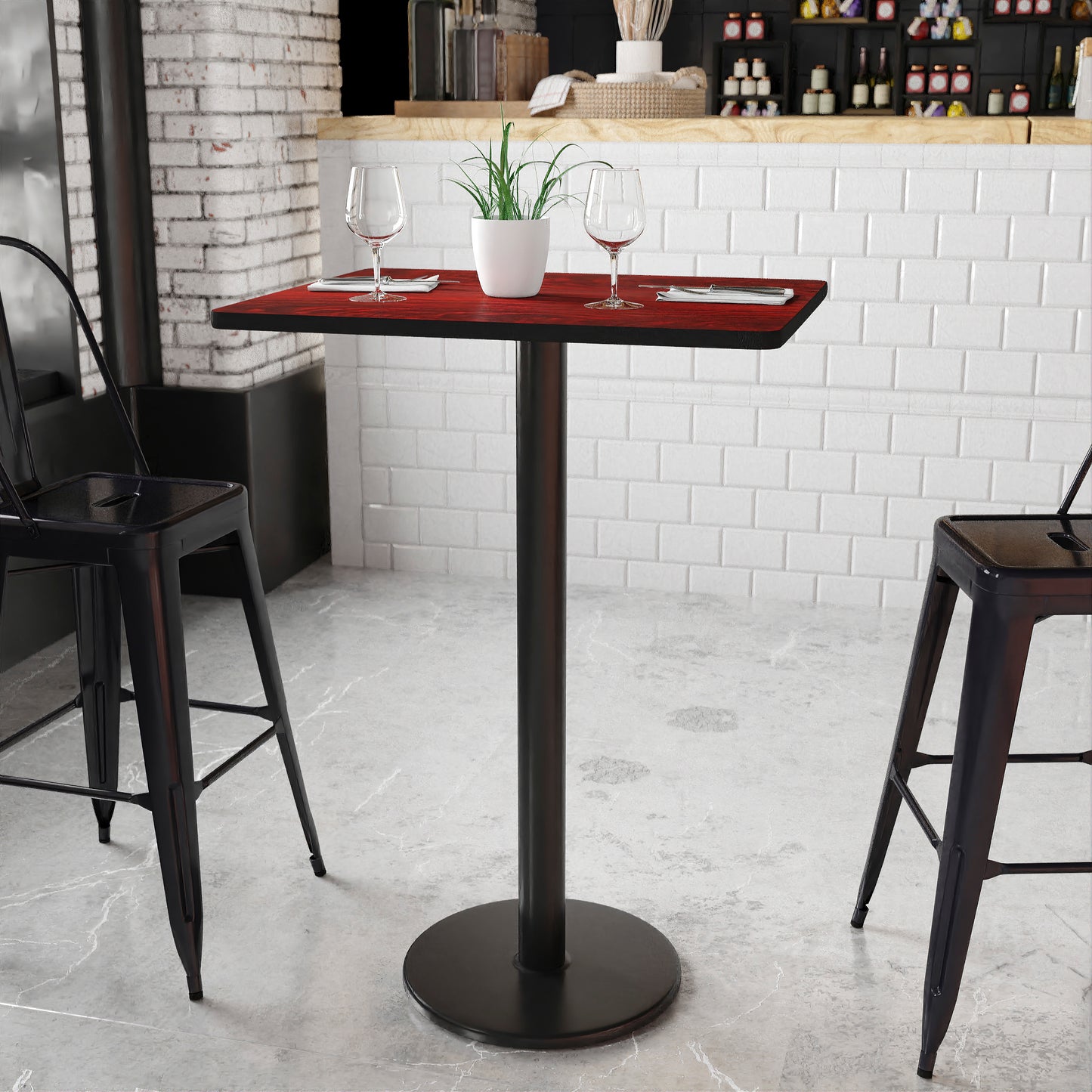 Stiles 24'' x 30'' Rectangular Mahogany Laminate Table Top with 18'' Round Bar Height Table Base Mahogany