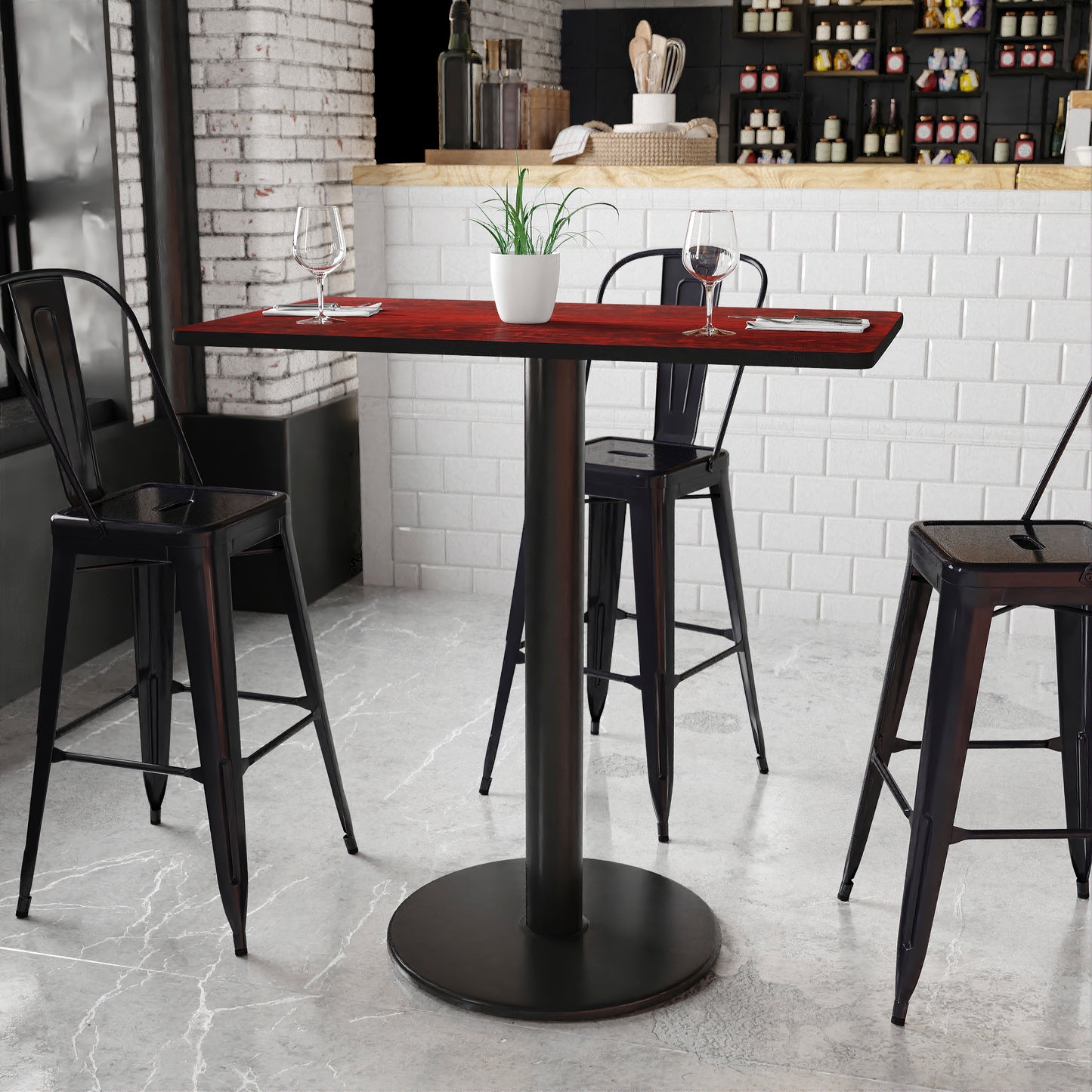 Stiles 24'' x 42'' Rectangular Mahogany Laminate Table Top with 24'' Round Bar Height Table Base Mahogany