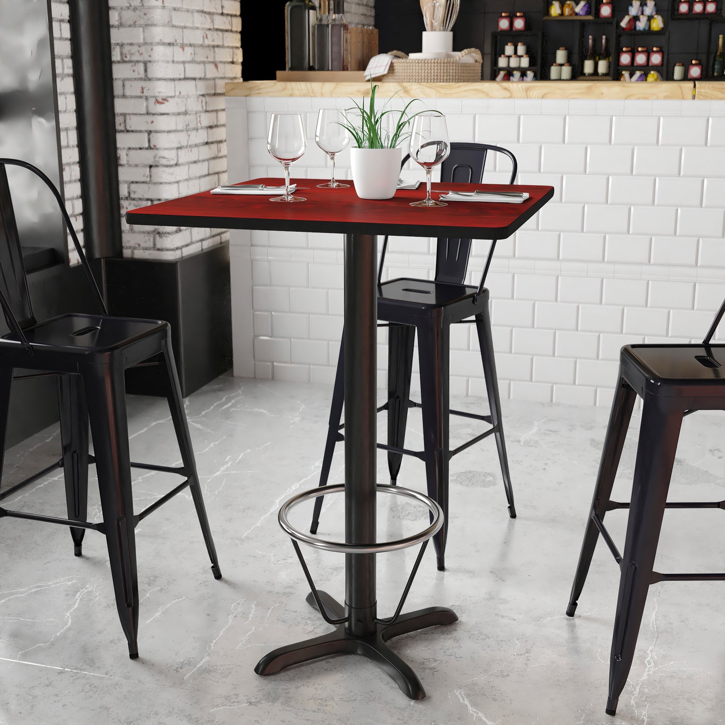Stiles 30'' Square Mahogany Laminate Table Top with 22'' x 22'' Bar Height Table Base and Foot Ring Mahogany