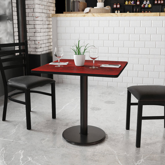 Graniss 30'' Square Mahogany Laminate Table Top with 18'' Round Table Height Base Mahogany
