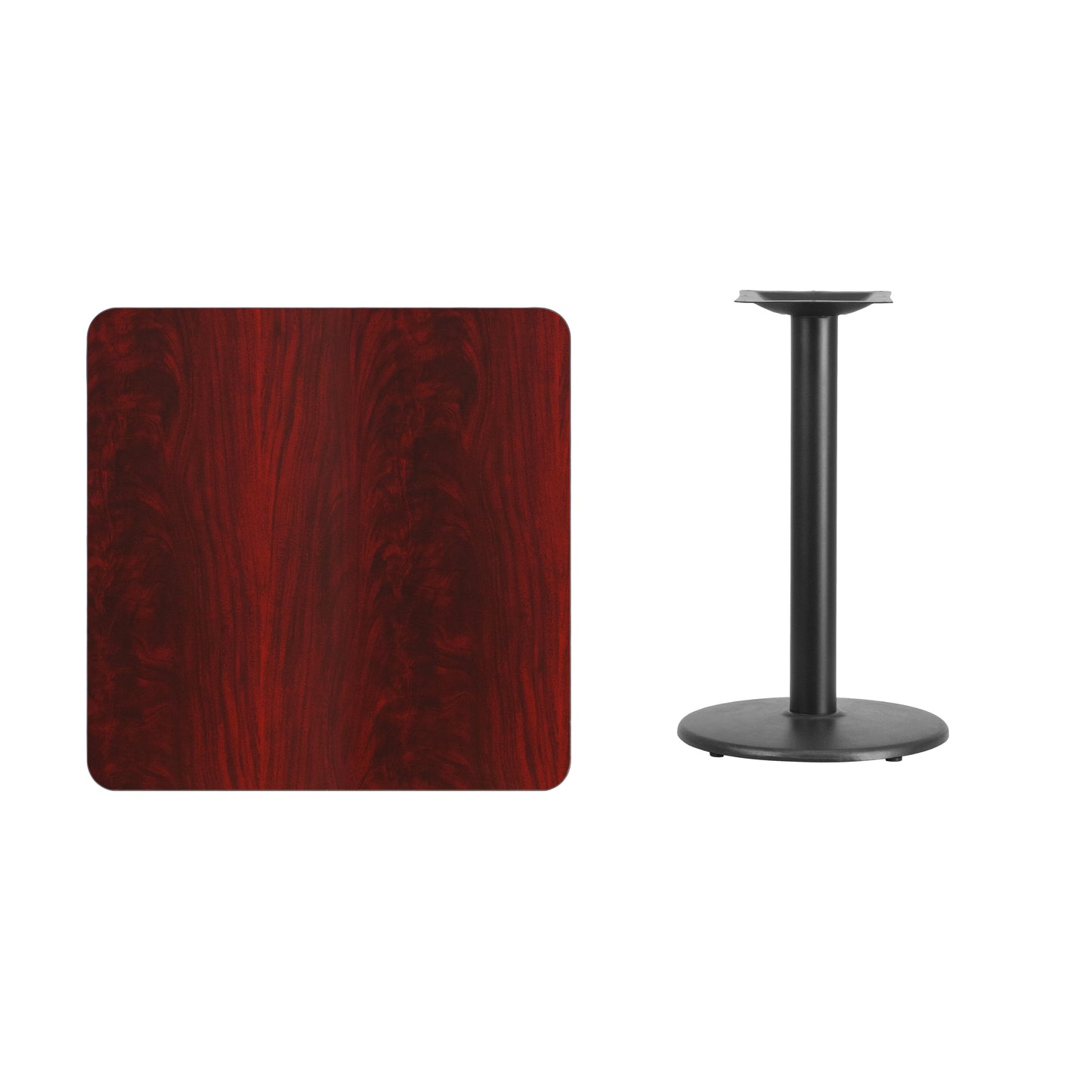 Graniss 30'' Square Mahogany Laminate Table Top with 18'' Round Table Height Base Mahogany