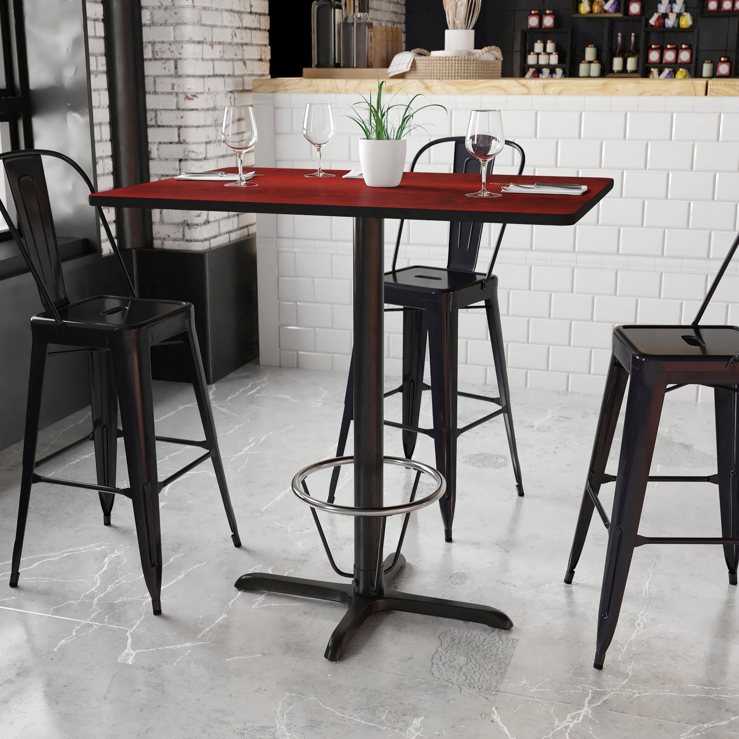 Stiles 30'' x 42'' Rectangular Mahogany Laminate Table Top with 23.5'' x 29.5'' Bar Height Table Base and Foot Ring Mahogany