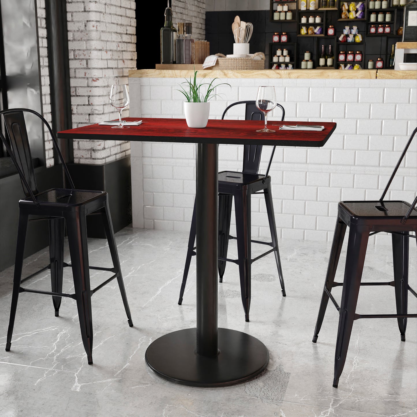 Stiles 30'' x 42'' Rectangular Mahogany Laminate Table Top with 24'' Round Bar Height Table Base Mahogany
