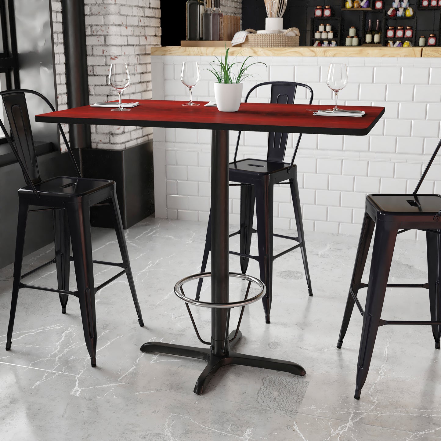 Stiles 30'' x 48'' Rectangular Mahogany Laminate Table Top with 23.5'' x 29.5'' Bar Height Table Base and Foot Ring Mahogany
