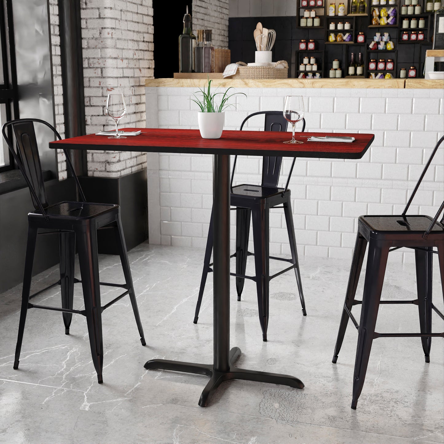 Stiles 30'' x 48'' Rectangular Mahogany Laminate Table Top with 23.5'' x 29.5'' Bar Height Table Base Mahogany