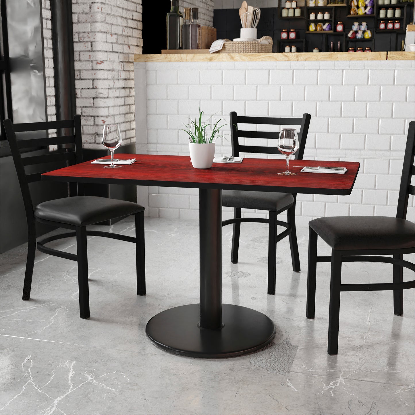 Graniss 30'' x 48'' Rectangular Mahogany Laminate Table Top with 24'' Round Table Height Base Mahogany