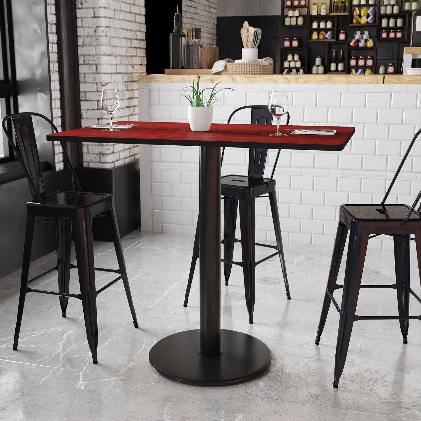 Stiles 30'' x 48'' Rectangular Mahogany Laminate Table Top with 24'' Round Bar Height Table Base Mahogany